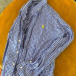 Blue and white checkered long sleeve button shirt